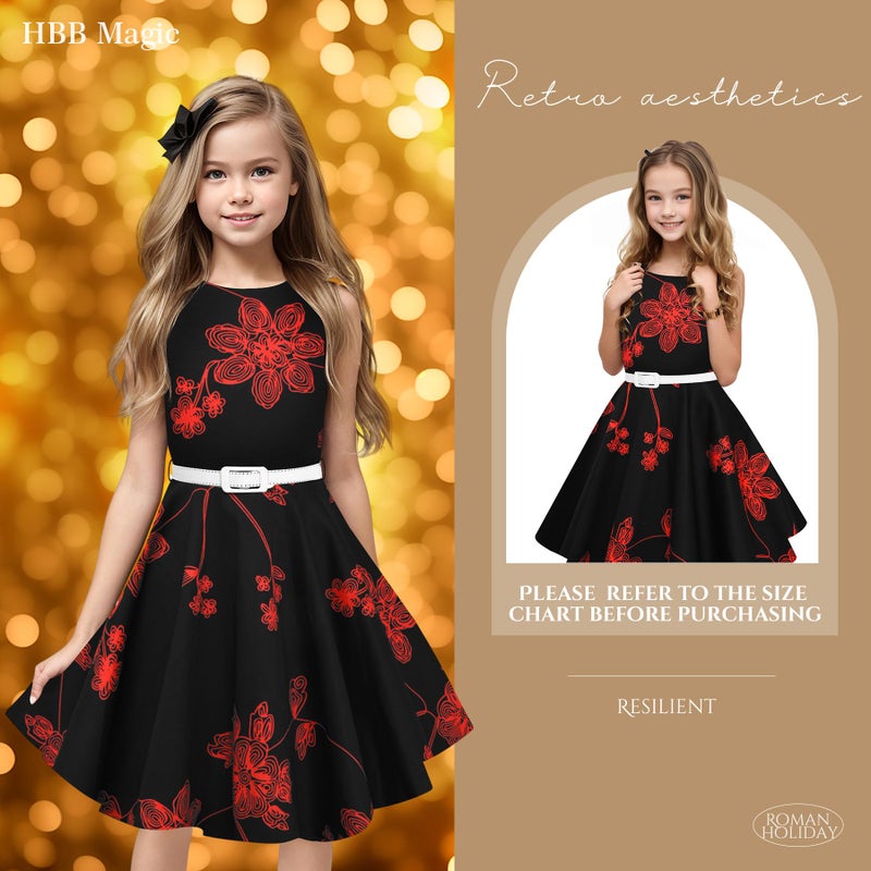 HB HBB MAGIC Girls Vintage Dress 50s Retro Twirling Special Occasion Dresses Size 6-14 Sleeveless Kids Dress Black Red - Image 2